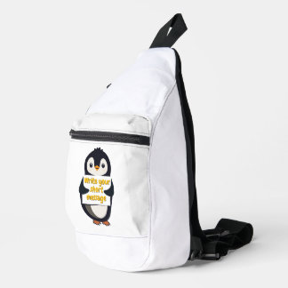 Penguin illustration holding customizable sign crossbody bag