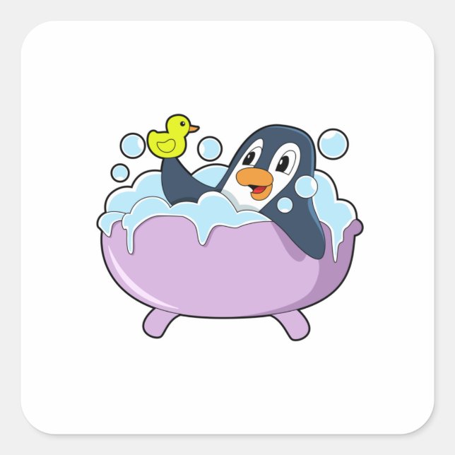 Penguin in der Badewanne mit Duck Quadratischer Aufkleber (Vorderseite)