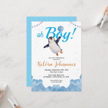 Penguin-Junge Blaue Baloon-Wolken-Himmel-Baby-Dusc