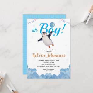 Penguin-Junge Blaue Baloon-Wolken-Himmel-Baby-Dusc Einladung