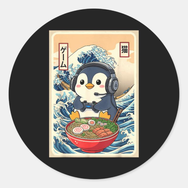 Penguin Kawaii Japanese Ramen Noodle Retro Gaming  Runder Aufkleber (Vorderseite)