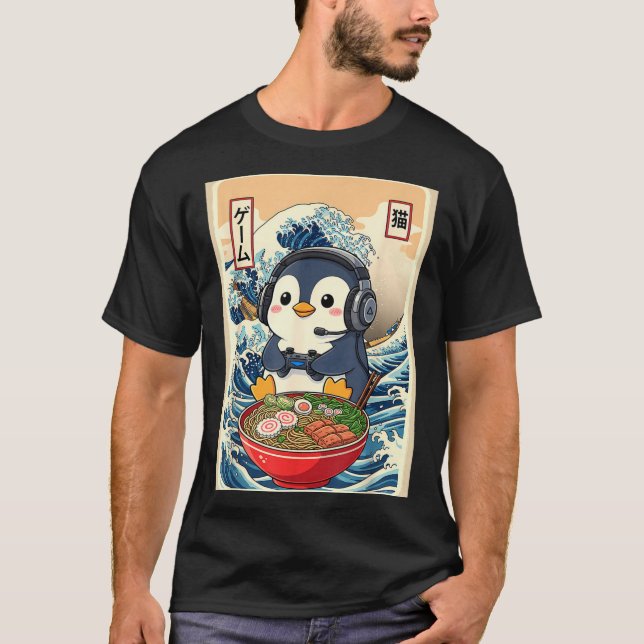 Penguin Kawaii Japanese Ramen Noodle Retro Gaming  T-Shirt (Vorderseite)