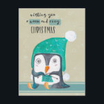 Penguin Knitting Christmas Post Card Feiertagspostkarte<br><div class="desc">Liebenswürdige little watercolor penguin sitting and knitting with a sweet little winter hat on with wishes for a warm and cozy Christmas.</div>