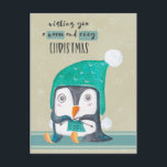 Penguin Knitting Christmas Post Card Feiertagspostkarte<br><div class="desc">Liebenswürdige little watercolor penguin sitting and knitting with a sweet little winter hat on with wishes for a warm and cozy Christmas.</div>