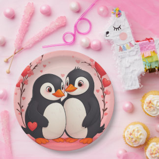 Penguin Love Paper Plates Pappteller
