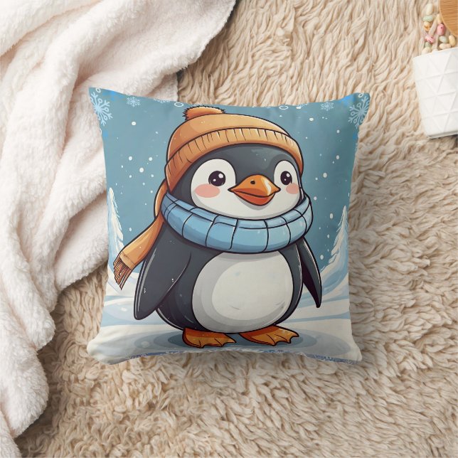 Penguin Niedlich Kawaii Brown Cap Print Kissen (Decke)