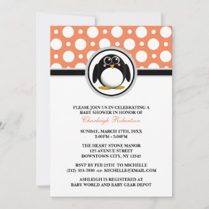 Penguin Orange Polka Dot Baby Douche Invitations