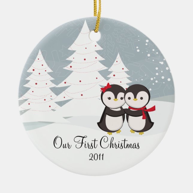 Penguin-Paar-Liebe-niedliche erste Keramikornament (Vorne)