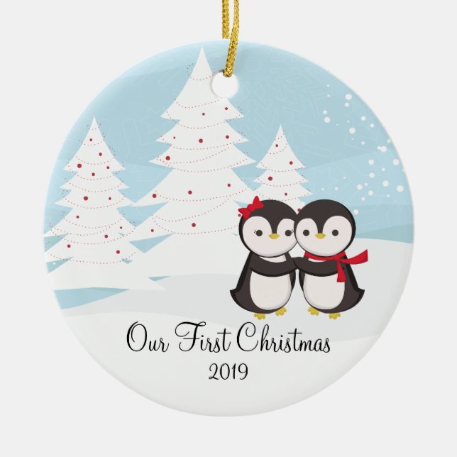 Penguin-Paar-Liebe-niedliche erste Keramikornament (Vorne)