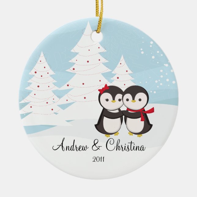 Penguin-Paar-Liebe-niedliche Weihnachtsverzierung Keramik Ornament (Vorne)