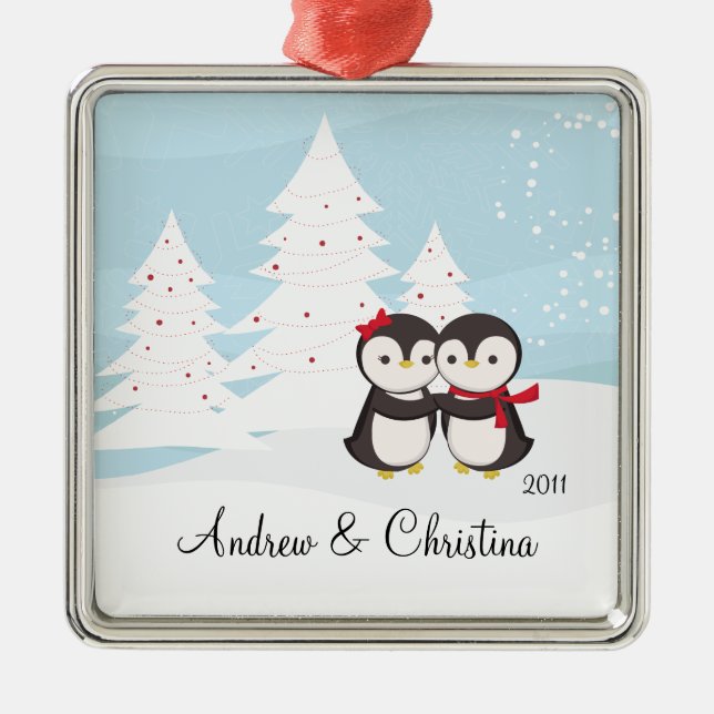 Penguin-Paar-Liebe-niedliche Weihnachtsverzierung Ornament Aus Metall (Vorne)