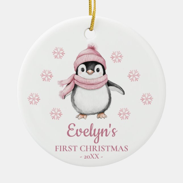 Penguin Personalized Girl's First Christmas Keramik Ornament (Vorne)