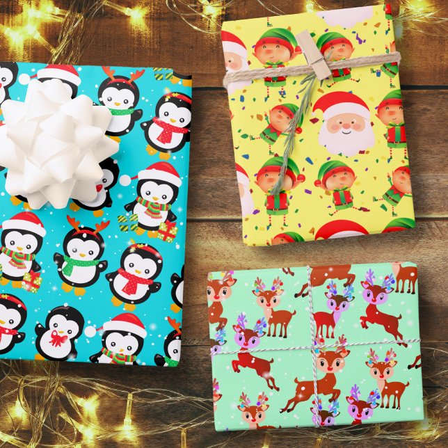Penguin Reindeer Santa Claus Elf Weihnachtsfeierta Geschenkpapier Set (Von Creator hochgeladen)