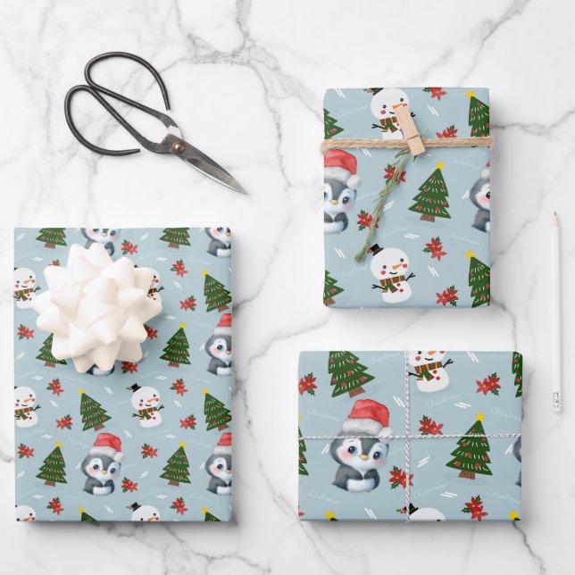 Penguin Santa Happy Frohe Weihnachtsbaumstruktur M Geschenkpapier Set (Vorderseite)
