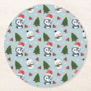 Penguin Santa Happy Frohe Weihnachtsbaumstruktur M Runder Pappuntersetzer