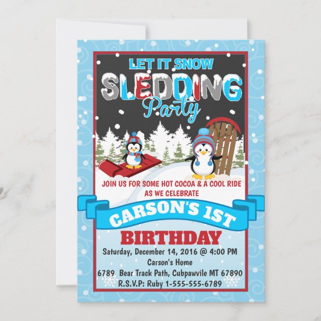 Penguin Sledding Geburtstagsparty Einladung (Vorderseite)