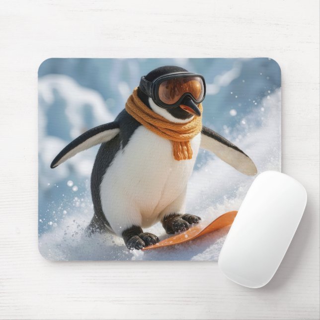 Penguin Snowboarding Downhill Mousepad (Mit Mouse)