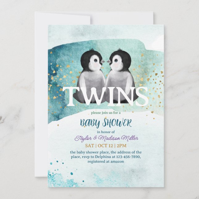 Penguin Twin Winter Thema Baby Boy Dusche Einladung (Vorderseite)