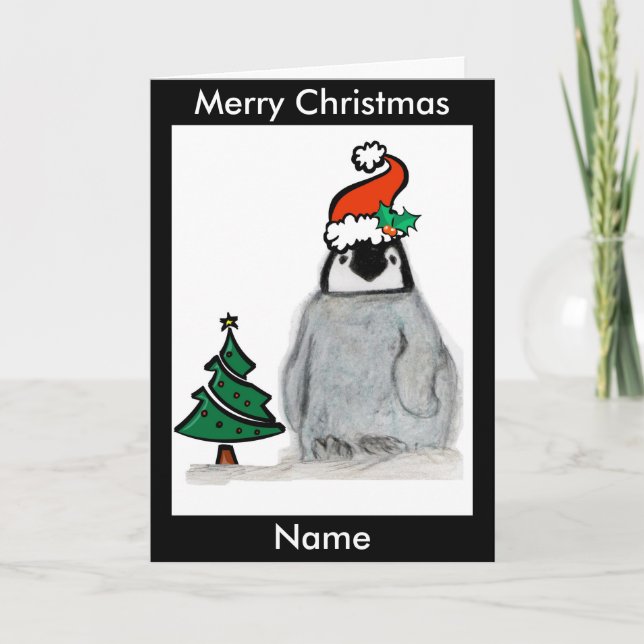 Penguin-Weihnachtsmannmütze-Weihnachtskunst-Wagen Feiertagskarte (Vorderseite)
