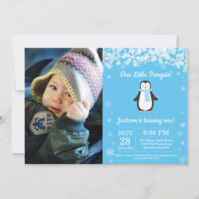 Penguin Winter Boy Birthday Foto Einladung (Vorderseite)