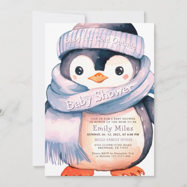 Penguin Winter Girl Babydusche Einladung (Vorderseite)