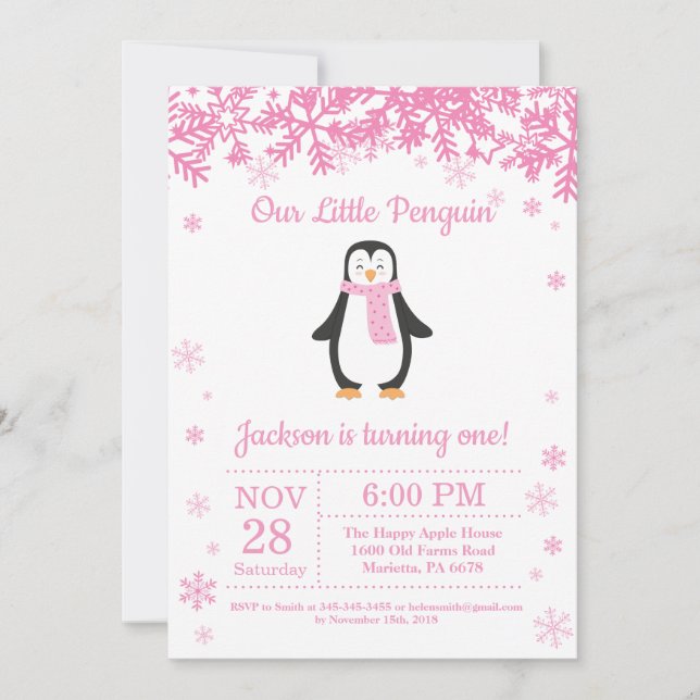 Penguin Winter Girl zum Geburtstag Einladung (Vorderseite)