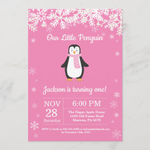 Penguin Winter Rosa Geburtstagseinladung Einladung