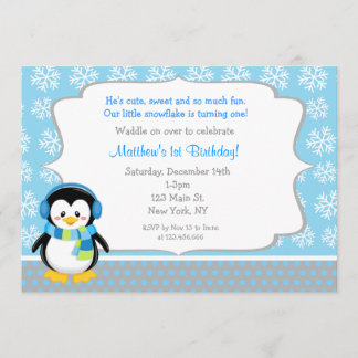 Penguin Winter Snowflake Birthday Invitations Einladung