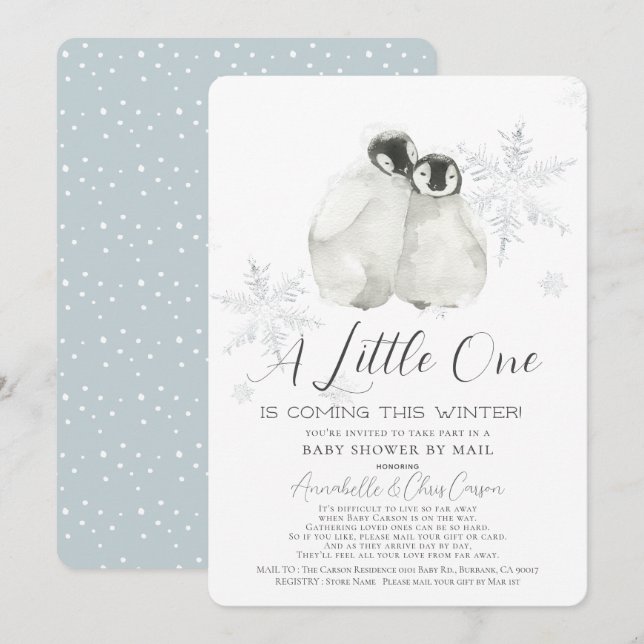 Penguin Winter Snowflake Blue Baby Dusche von Mail Einladung (Vorne/Hinten)