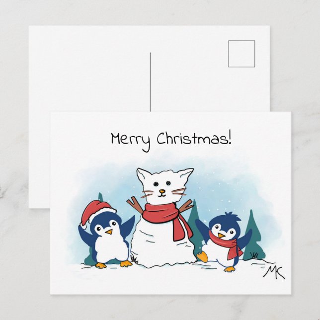 Penguins building a snowman christmas  feiertagspostkarte (Vorne/Hinten)