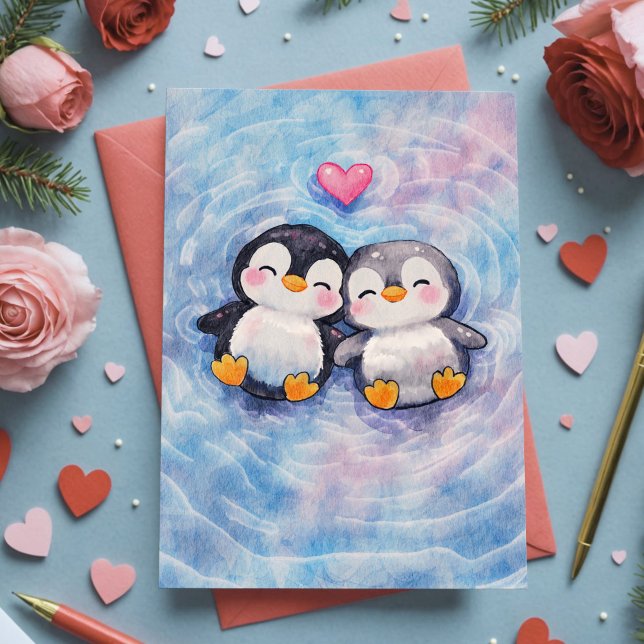Penguins Float In Love Sweet Watercolor Valentine Karte (Sweet watercolor Valentine card featuring loyal penguin pair, symbolizing love and devotion.)