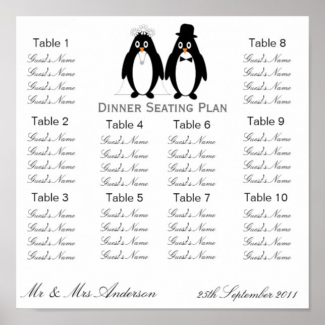 Penguins Hochzeitsessen - Sitzplan Poster (Vorne)