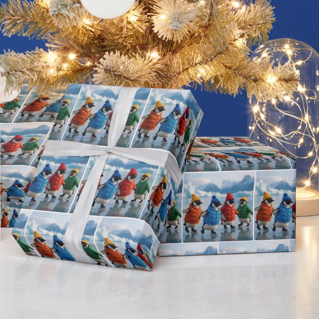 Penguins Ice Skating On an Arctic Lake Geschenkpapier (Feiertage)