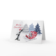 Penguins Red Sleigh Watercolor Weihnachten