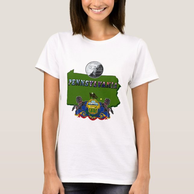 Pennsylvania-Karte, Quarter, Flag und Bildtext T-Shirt (Vorderseite)