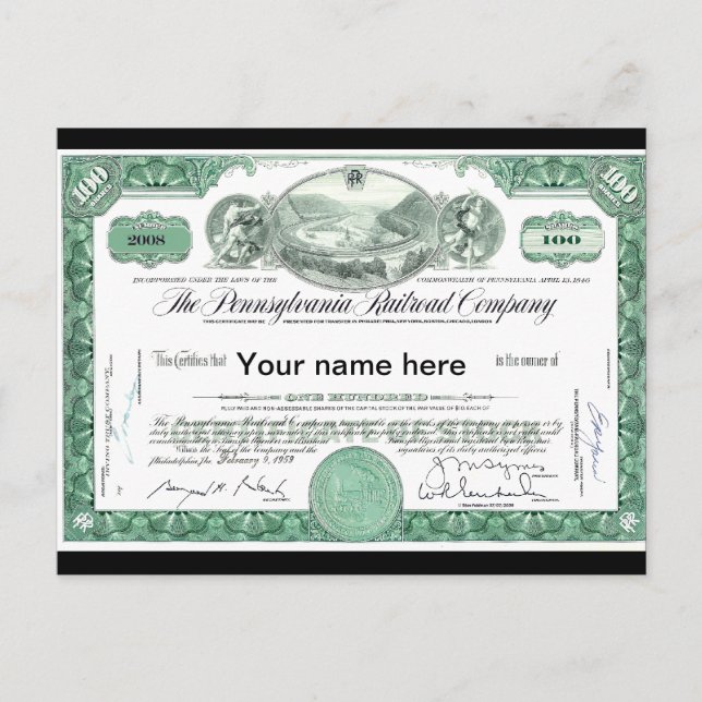 Pennsylvania Railway CUSTOM Stock Certificate Postkarte (Vorderseite)