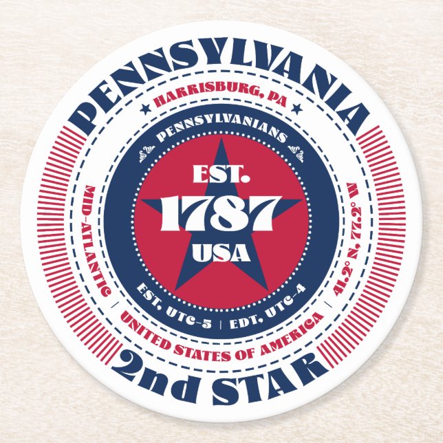 Pennsylvania Red White Blue Typografy Runder Pappuntersetzer (Vorderseite)