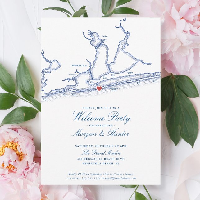 Pensacola Beach FL Elegant Wedding Welcome Party Einladung (Pensacola Beach Wedding Welcome Party Invitations with elegant navy blue map by Coastal Map Designs)
