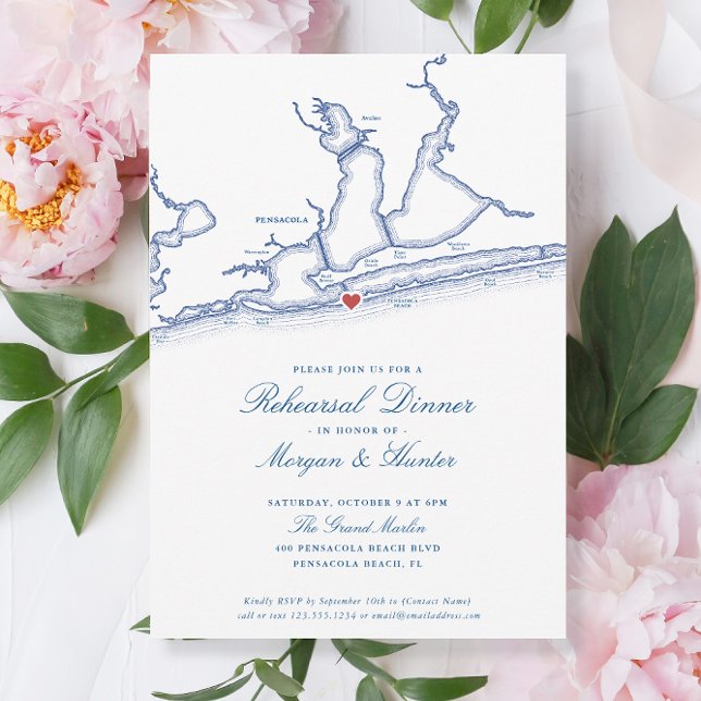 Pensacola Beach FL Elegante Probe Abendessen Einladung (Pensacola Beach Wedding Rehearsal Dinner Invitations by Coastal Map Designs)