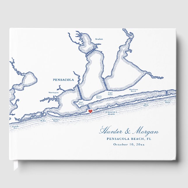 Pensacola Beach FL Karte Elegant Navy Blue Wedding Gästebuch (Vorderseite)