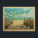 Pensacola Beach Vintage Travel Postkarte<br><div class="desc">Diese Grüße aus Pensacola Vintage Postkarte Design verfügt über einen Sandstrand mit einem schönen türkisfarbenen Ozean Wasser und über dem Meer,  einen blauen Himmel mit billigen weißen Wolken. Im Vintage Reisen Stil.</div>