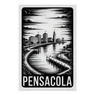 Pensacola Florida Skyline Schwarz Weiß Holzschnitt Poster