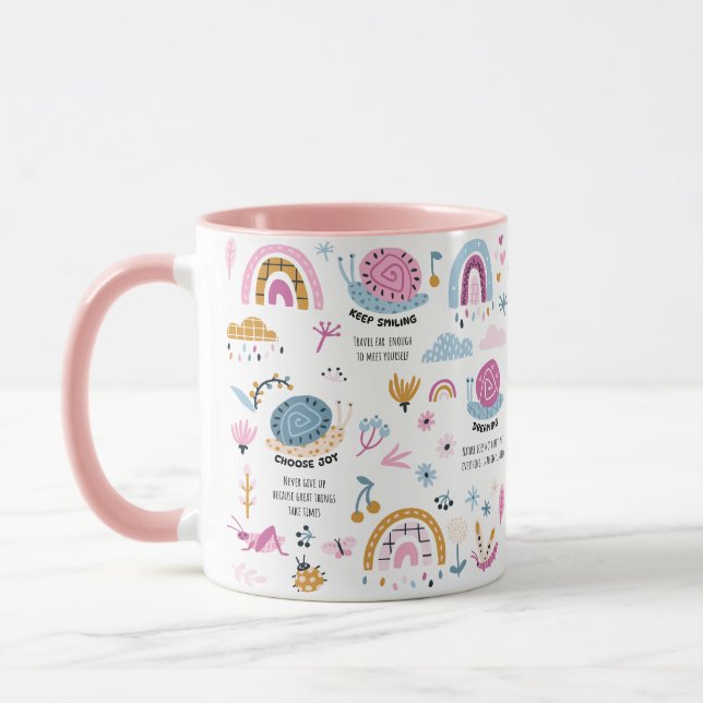 Pensée positive aux escargots, Mug de café rose, 1 (Gauche)