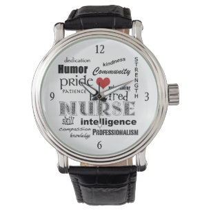 Pensionierte Krankenschwester-Wort Wolke+Rotes Armbanduhr