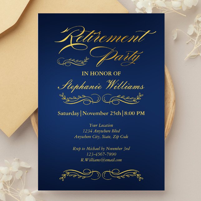 Pensionskasse Elegante Weiblich Blau und Gold Einladung (Von Creator hochgeladen)