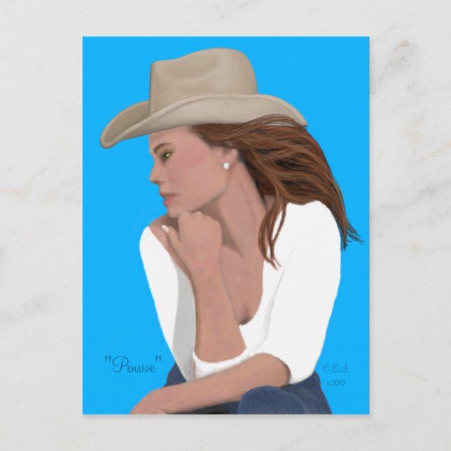 "Pensive" Cowgirl Postcard Postkarte (Vorderseite)