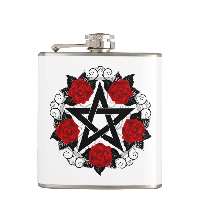 Pentagramm mit Rote Rosen Flachmann (Vorderseite)