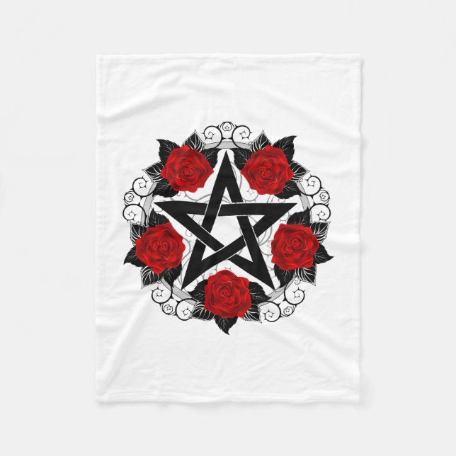 Pentagramm mit Rote Rosen Fleecedecke (Vorderseite)