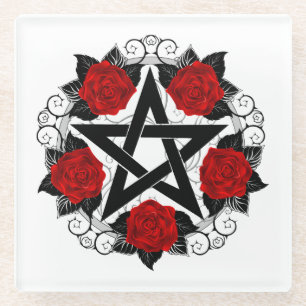 Pentagramm mit Rote Rosen Glasuntersetzer
