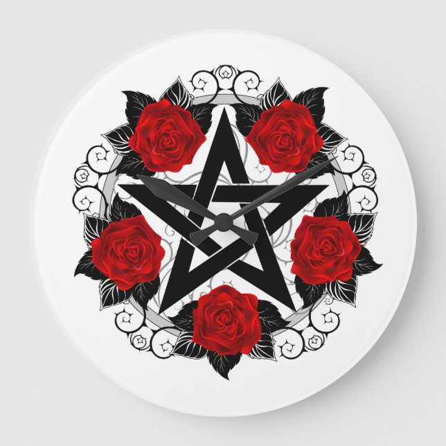 Pentagramm mit Rote Rosen Große Wanduhr (Vorderseite)